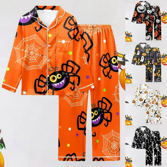 Womens Halloween Pajamas Theme Full Printed Long Sleeve Pocket Button Down Lapel Shirts Loose Casual Pants 2 Pc Soft Fall Winter Sleepwear Comfy Silk Loungewear Sets Woman White M