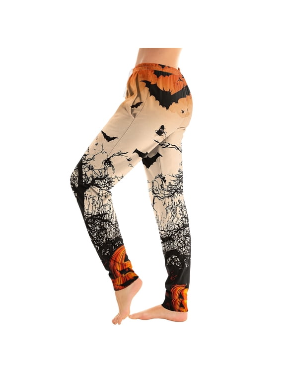 Womens Halloween Pants Pumpkin Graphic Jogger Trousers Stretch Waist Cuffed Ankle Casual Indoor Outdoor Bottoms Multicolor XL