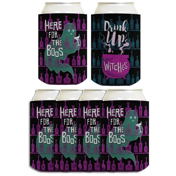 Womens Halloween Party Decorations Drink Up Witches Here For The Boos 2 Sided 6-Pack Can Drink Sleeves