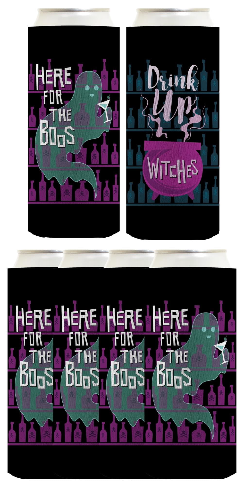 Womens Halloween Party Decorations Drink Up Witches Here For The Boos 2 Sided 6-Pack Ultra Slim Can Drink Sleeves