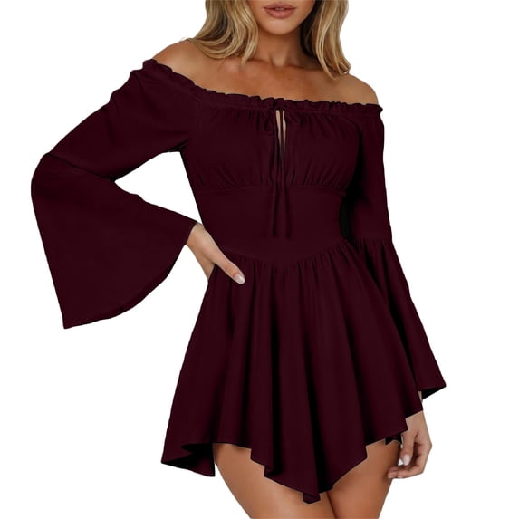 Womens Halloween Pirate Dresses Off Shoulder Bell Sleeve Mini Dress Irregular Hem Renaissance Costume Spooky Festival Party Wear Outfits
