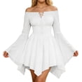 thumbnail image 1 of Womens Halloween Pirate Dresses Off Shoulder Bell Sleeve Mini Dress Irregular Hem Renaissance Costume Spooky Festival Party Wear Outfits, 1 of 6