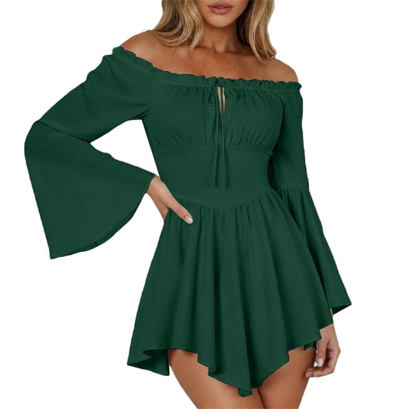 Womens Halloween Pirate Dresses Off Shoulder Bell Sleeve Mini Dress Irregular Hem Renaissance Costume Spooky Festival Party Wear Outfits