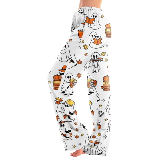 Womens Halloween Pjs Cute Pumpkin Ghost Print Funny Pajamas Halloween Elastic Waist Lightweight Pj Pants