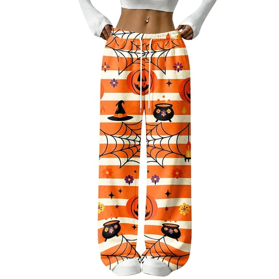 Womens Halloween Pjs Halloween Pumpkin Ghost Print Flannel Pajama Pants Elastic Waist Drawstring Wide Leg Sleep Wear