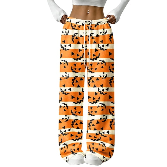 Womens Halloween Pjs Halloween Pumpkin Ghost Print Flannel Pajama Pants Elastic Waist Drawstring Wide Leg Sleep Wear