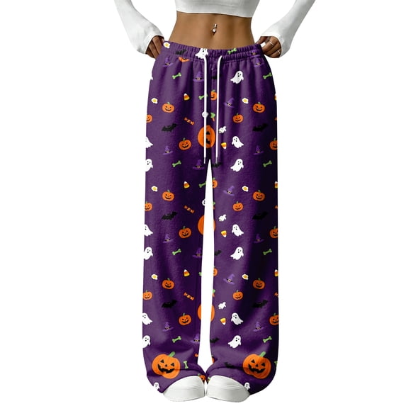 Womens Halloween Pjs Halloween Pumpkin Ghost Print Flannel Pajama Pants Elastic Waist Drawstring Wide Leg Sleep Wear