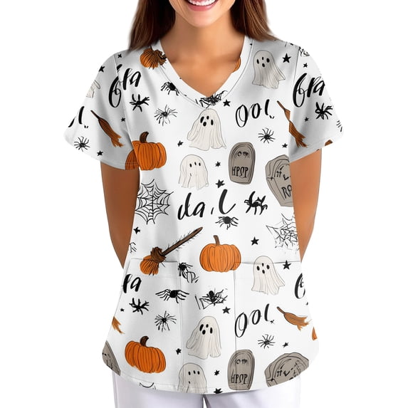Womens Halloween Print Nurse Uniforms 2026 Scrub Tops for Woman, Short Sleeve V Neck Scrub Shirt with Pockets 01-Khaki-5XL