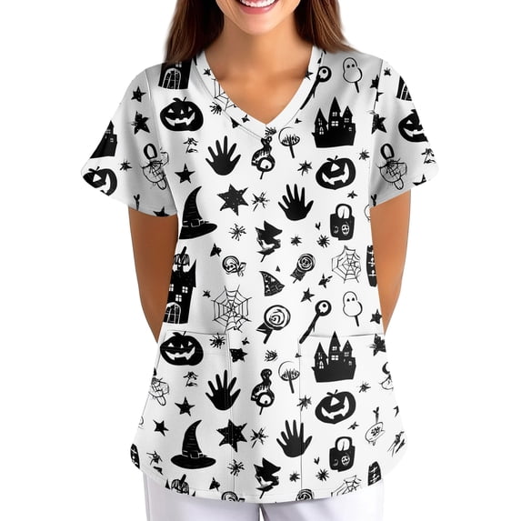 Womens Halloween Print Nurse Uniforms 2026 Scrub Tops for Woman, Short Sleeve V Neck Scrub Shirt with Pockets 02-Khaki-S