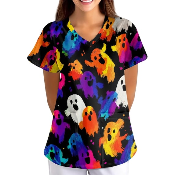 Womens Halloween Print Nurse Uniforms 2026 Scrub Tops for Woman, Short Sleeve V Neck Scrub Shirt with Pockets 03-Red-XL