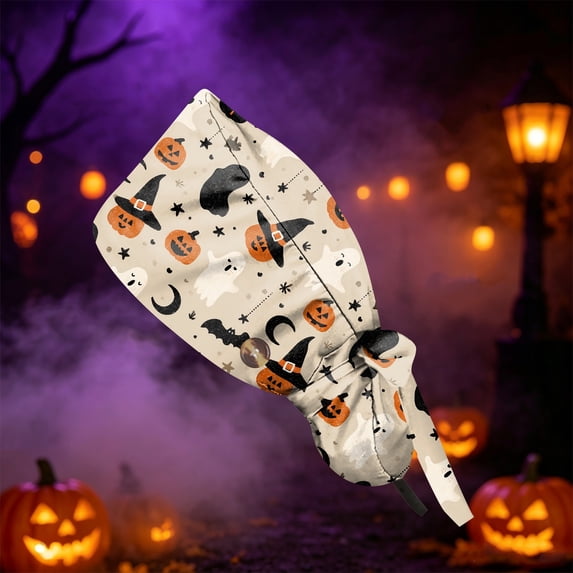 Womens Halloween Print Ponytail Scrub Hats Breathable Nurse Surgical Caps