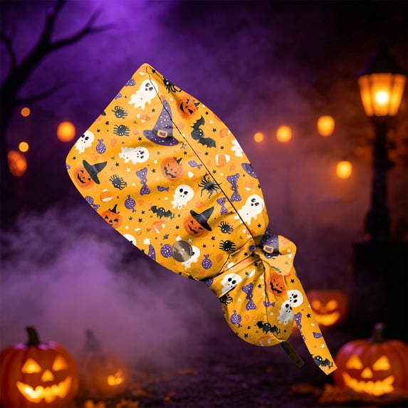 Womens Halloween Print Ponytail Scrub Hats Breathable Nurse Surgical Caps