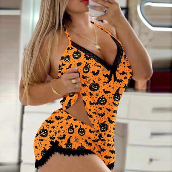 Womens Halloween Printing Shorts 2 Piece Set Sleepwear Lace Backless Trim Hot Pants Suit Lightweight Summer Cover up Star Apparel 4x Bathing Suit plus Size 6 Swim Suits Women Bikini Shorts