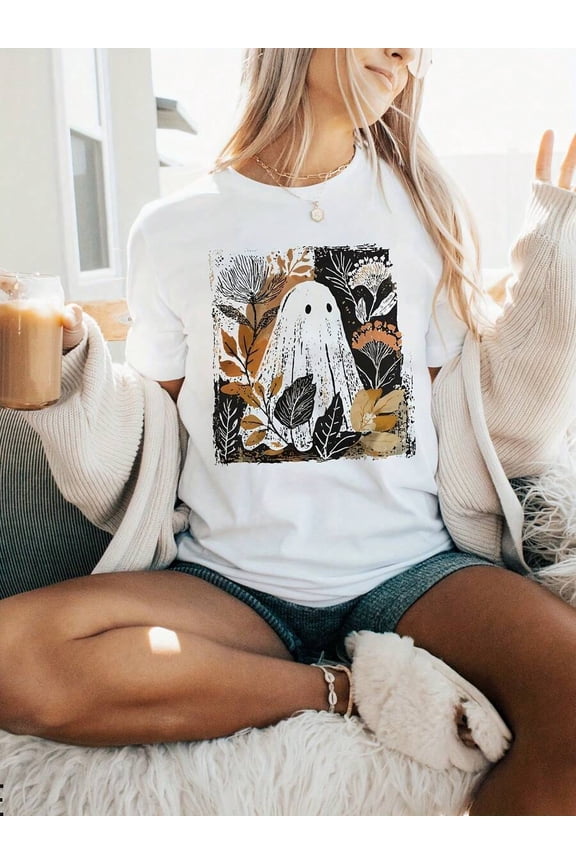 Womens Halloween Pumpkin Ghost Boho Graphic T Shirt Casual Short Sleeve Crew Neck White With Jack O Lantern Design Halloween Shirts220G Heavyweight 100% Cotton T-Shirt,This Offers The Perfect B
