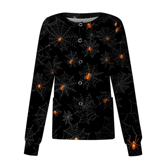 Womens Halloween Pumpkin Print Scrub Jacket Long Sleeve Nursing Uniform Jacket Fall Halloween Workwear With Pockets Black L