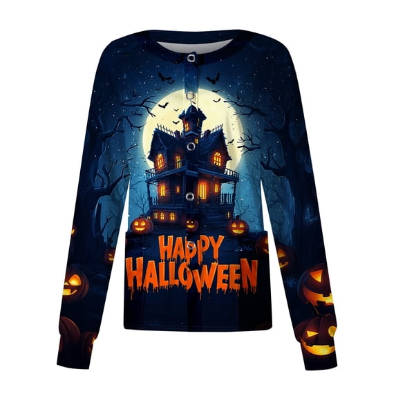 Womens Halloween Pumpkin Print Scrub Jacket Long Sleeve Nursing Uniform Jacket Fall Halloween Workwear With Pockets Blue M