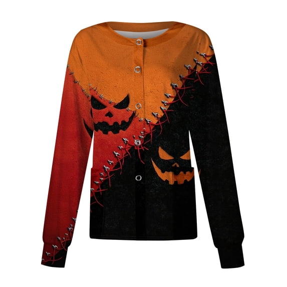 Womens Halloween Pumpkin Print Scrub Jacket Long Sleeve Nursing Uniform Jacket Fall Halloween Workwear With Pockets Orange 4XL