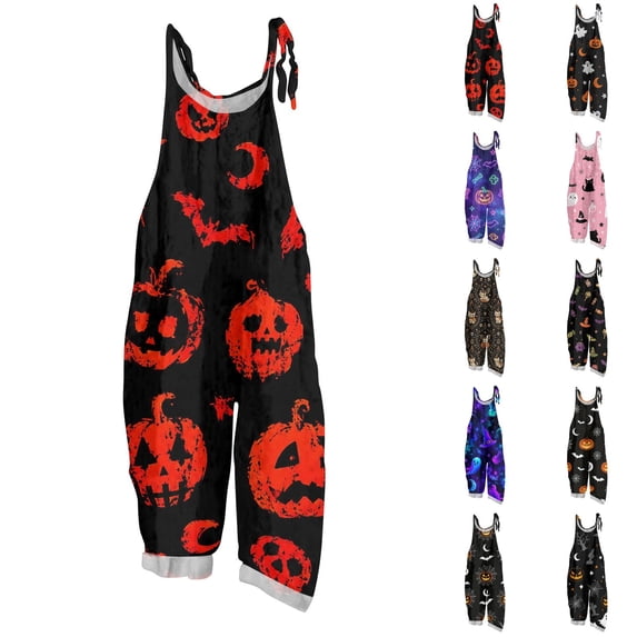 Womens Halloween Pumpkin Print Sleeveless Jumpsuit Casual Wide Leg Fashion Fall Romper Cute Halloween Costume Army Green XL