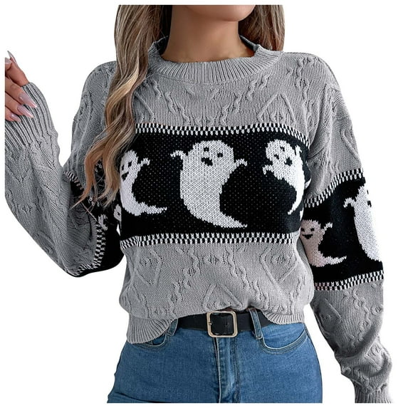 Womens Halloween Pumpkin Sweater Cute Crewneck Knitted Long Sleeve Pullover Tops Fall Winter Fashion Clothes #02 Grey Size L