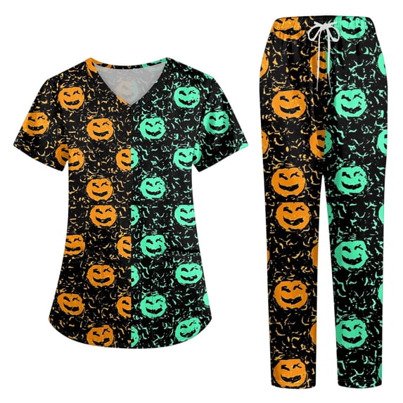 Womens Halloween Scrub Set, V-Neck Short Sleeve Top & Pants Medical Uniform for Nurses, Healthcare Workers with Pockets, Cyan, S