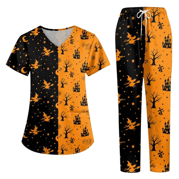 Womens Halloween Scrub Set, V-Neck Short Sleeve Top & Pants Medical Uniform for Nurses, Healthcare Workers with Pockets, Earthy Yellow, S