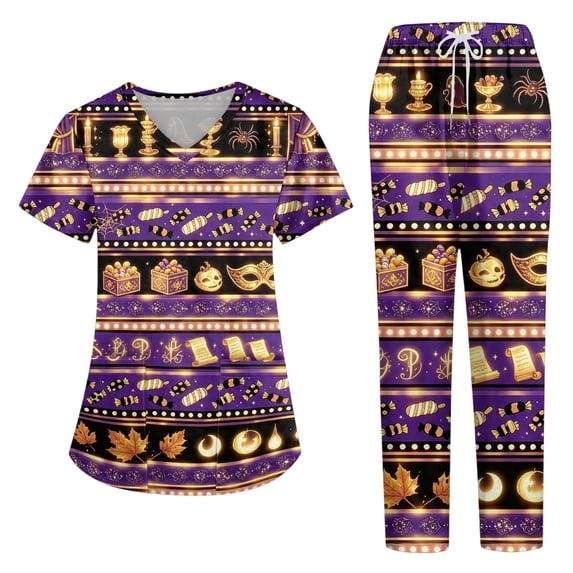 Womens Halloween Scrub Set, V-Neck Short Sleeve Top & Pants Medical Uniform for Nurses, Healthcare Workers with Pockets, Gold, S