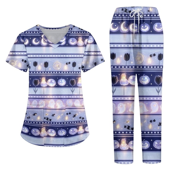 Womens Halloween Scrub Set, V-Neck Short Sleeve Top & Pants Medical Uniform for Nurses, Healthcare Workers with Pockets, Purple, M