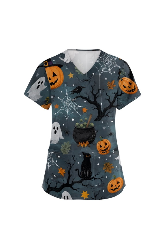 Womens Halloween Scrub Top Short Sleeve Witch Ghost Bloody Nursing Shirts Bat Skull V Neck Casual Workwear L
