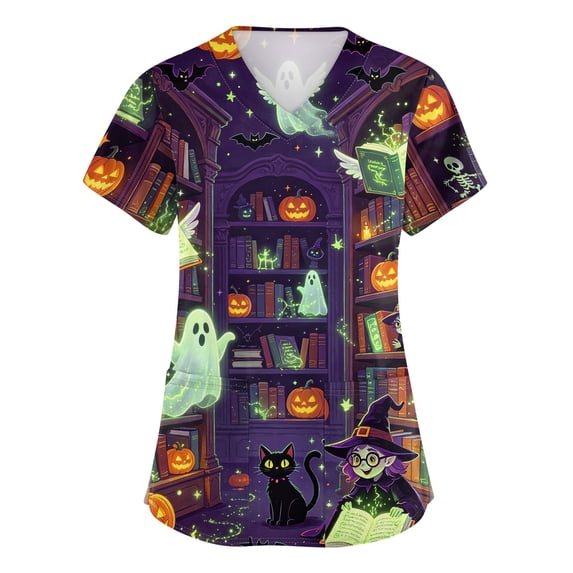 Womens Halloween Scrub Top V Neck Short Sleeve Tunic with Pockets Side Slits Loose Fit Breathable Stretch Pullover Uniform for Nurses Green XL