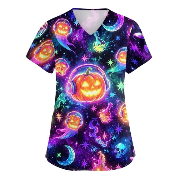 Womens Halloween Scrub Top V Neck Short Sleeve Tunic with Pockets Side Slits Loose Fit Breathable Stretch Pullover Uniform for Nurses Purple Pink 5XL