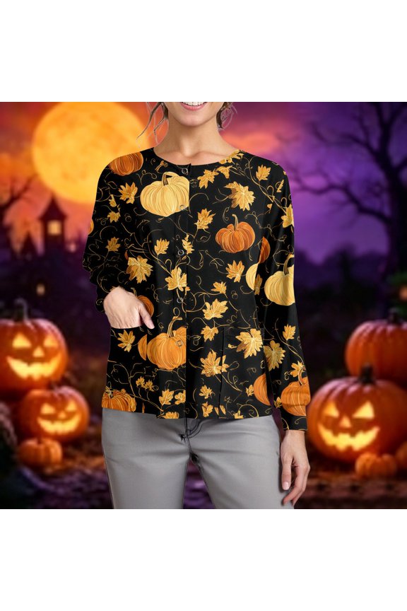 Womens Halloween Scrub Tops Bat Ghost Long Sleeve Funny Medical Uniform Candy Skeleton Spooky Button Down Medical Scrubs, XL