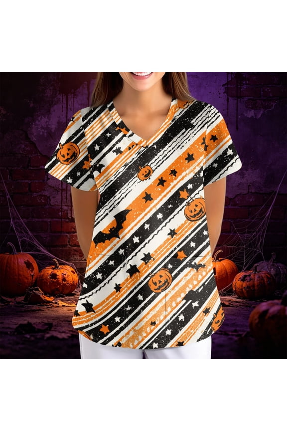 Womens Halloween Scrub Tops Candy Bat Short Sleeve Horror Medical Uniform Castle Skeleton Spooky V Neck Medical Scrubs, S