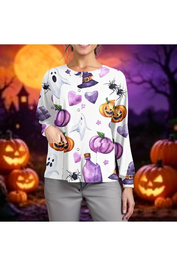 Womens Halloween Scrub Tops Candy Skeleton Long Sleeve Funny Medical Scrubs Pumpkin Ghost Spooky Button Down Medical Uniform, M