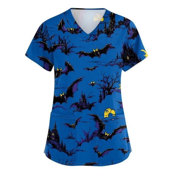 Womens Halloween Scrub Tops Funny Short Sleeve Spooky Bat Printed Scrub Shirts Horror V Neck Scrubs Medical Nurse Workwear Nursing Uniform with Pockets, S