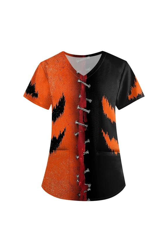 Womens Halloween Scrub Tops Ghost Pumpkin Printed Scrubs V Neck Relaxed Fit Medical Nursing Uniform Short Sleeve With Side Pockets Black 5XL