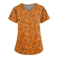 thumbnail image 1 of Womens Halloween Scrub Tops，Plus Size Women'S Halloween Pumpkin-Headed Bat Printed Scrub Tops V-Neck Fun T Shirts Nurse Uniform Tee With Pockets，Yellow，Xxxxxl, 1 of 3