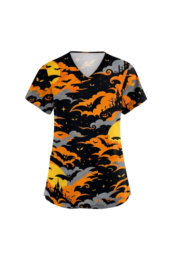 Womens Halloween Scrub Tops Pumpkin Candy V Neck Funny Medical Uniform Ghost Bat Horror Short Sleeve Medical Scrubs, M