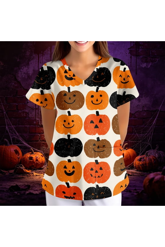 Womens Halloween Scrub Tops Pumpkin Skeleton V Neck Horror Medical Uniform Skull Ghost Spooky Short Sleeve Medical Scrubs, M