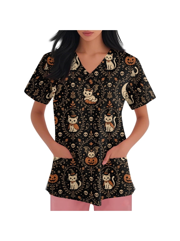 Womens Halloween Scrub Tops Short Sleeve V Neck Print Shirts Nursing Working Uniform Pumpkin Ghost Print Soft Stretchy Holiday T Shirts