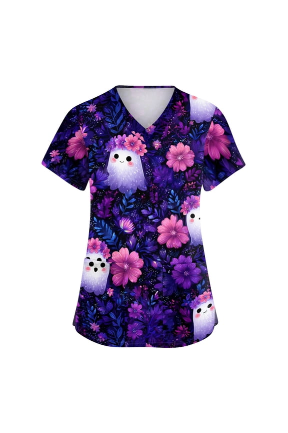 Womens Halloween Scrub Tops Skull Castle Short Sleeve Spooky Medical Scrubs Ghost Bat Funny V Neck Medical Uniform, S