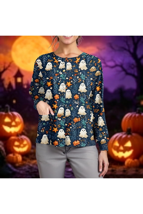 Womens Halloween Scrub Tops Skull Skeleton Long Sleeve Spooky Medical Uniform Ghost Candy Horror Button Down Medical Scrubs, M