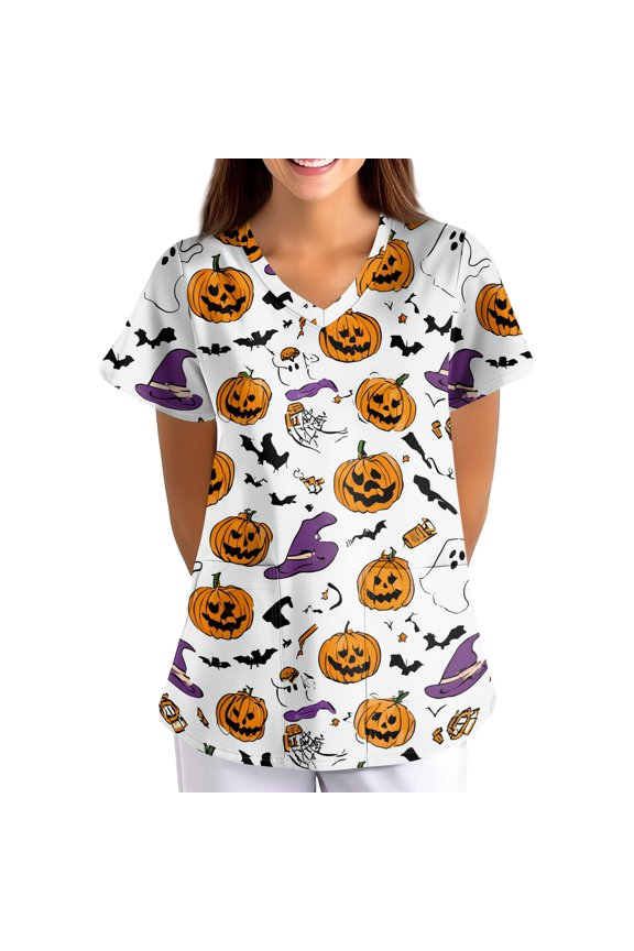 Womens Halloween Scrub Tops Skull Skeleton Short Sleeve Funny Medical Uniform Bat Candy Spooky V Neck Medical Scrubs, M
