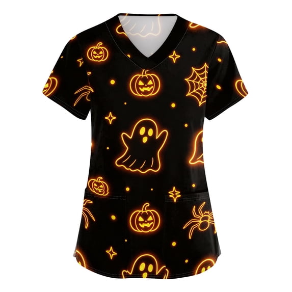 Womens Halloween Scrub Tops V Neck Spooky Halloween Ghost Pumpkin Printed Funny Scrubs Horror Short Sleeve Scrub Shirts Medical Nurse Uniform Nursing Workwear with Pockets,M