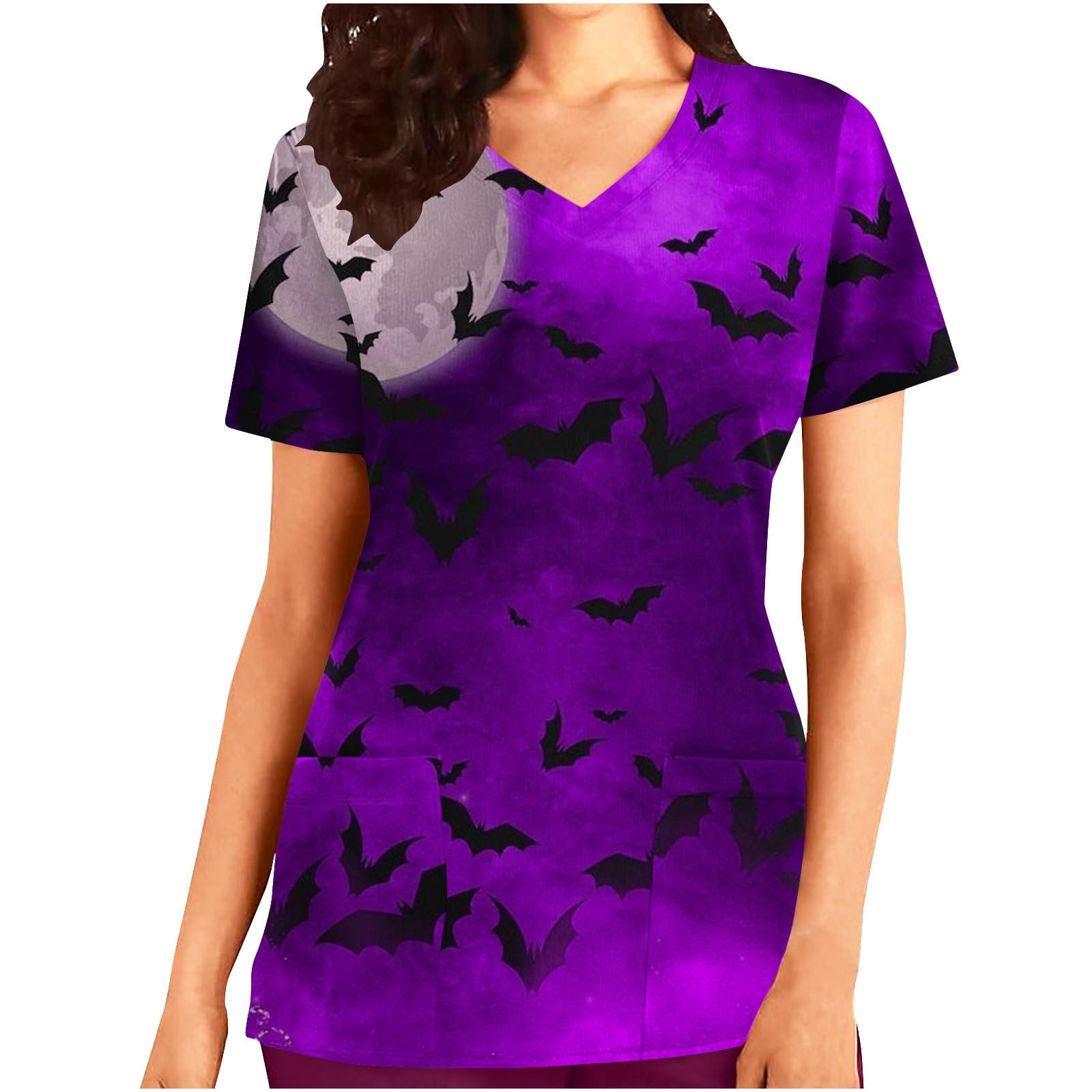 Womens Halloween Scrubs Tops V Neck Short Sleeve Scrub Bat Print Nurse
