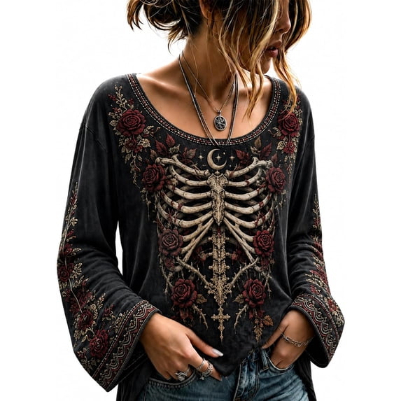 Womens Halloween Shirt, Floral Skeleton Ribcage Print Bell Sleeve Gothic Blouse, Spooky Season Halloween Costume Top for Women
