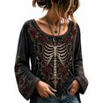 thumbnail image 1 of Womens Halloween Shirt, Floral Skeleton Ribcage Print Bell Sleeve Gothic Blouse, Spooky Season Halloween Costume Top for Women, 1 of 6