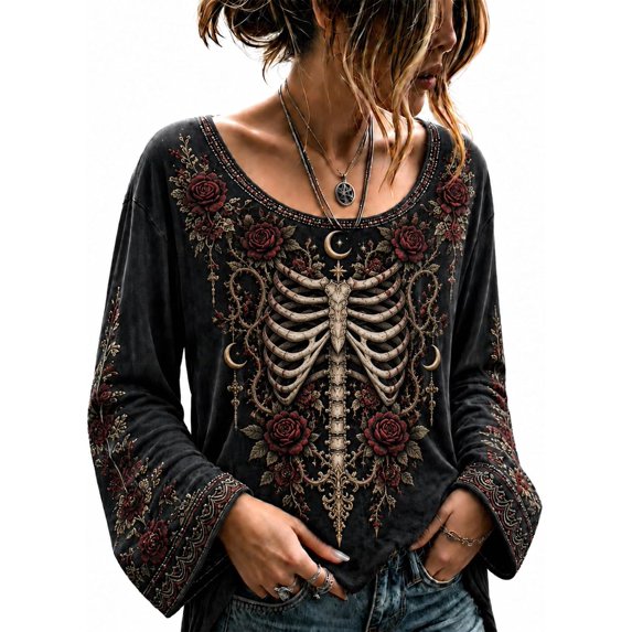Womens Halloween Shirt, Floral Skeleton Ribcage Print Bell Sleeve Gothic Blouse, Spooky Season Halloween Costume Top for Women