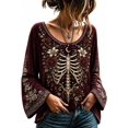 thumbnail image 1 of Womens Halloween Shirt, Floral Skeleton Ribcage Print Bell Sleeve Gothic Blouse, Spooky Season Halloween Costume Top for Women, 1 of 6