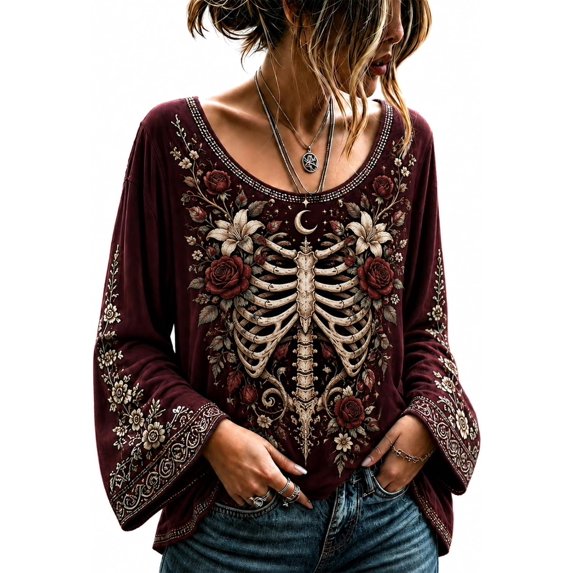 Womens Halloween Shirt, Floral Skeleton Ribcage Print Bell Sleeve Gothic Blouse, Spooky Season Halloween Costume Top for Women