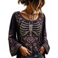 thumbnail image 1 of Womens Halloween Shirt, Floral Skeleton Ribcage Print Bell Sleeve Gothic Blouse, Spooky Season Halloween Costume Top for Women, 1 of 7